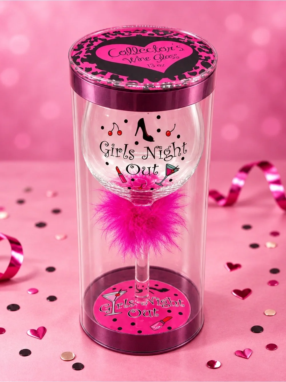 3E Design Girls Night Out 13 oz Wine Glass Pink Feather NWT